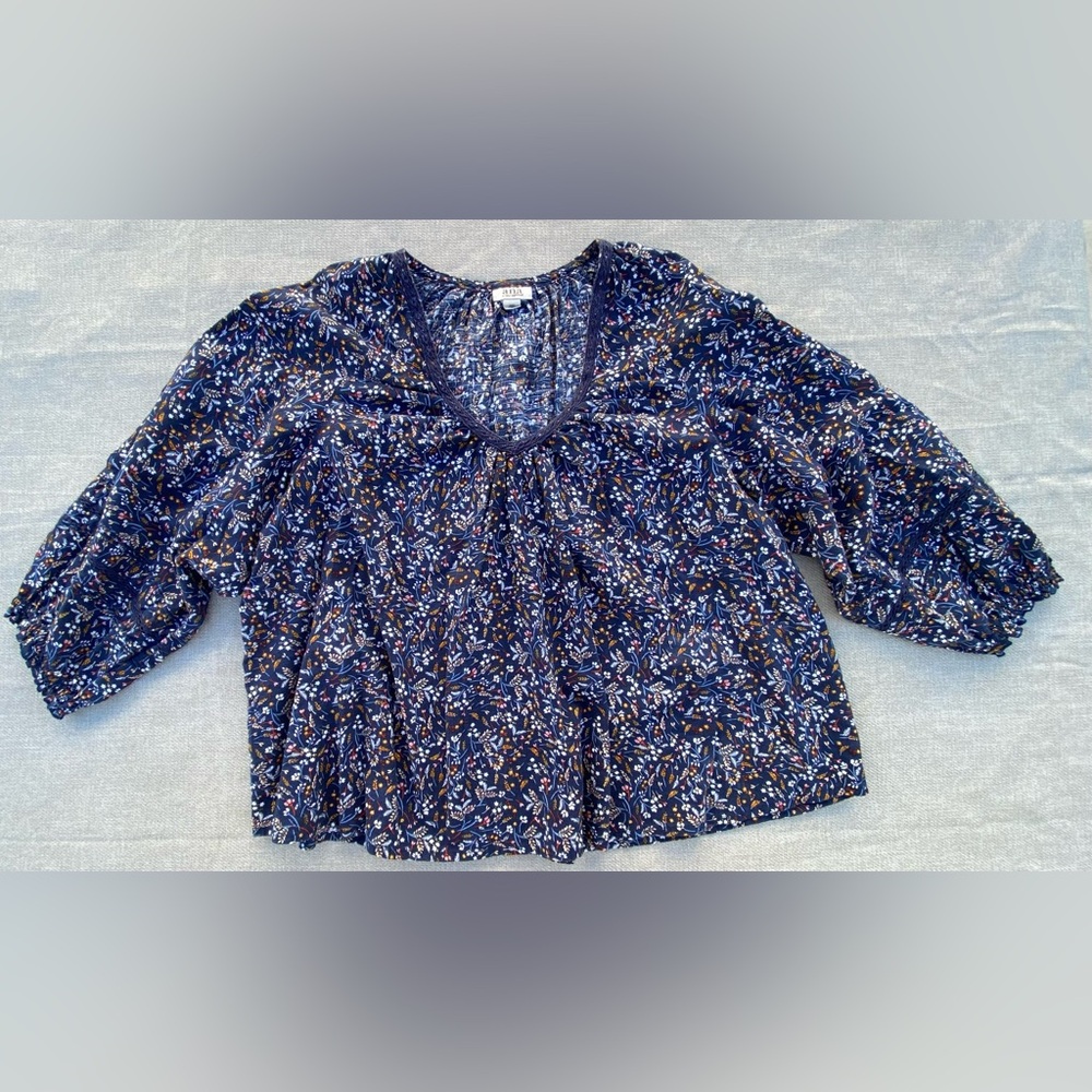 a.n.a Blue Floral Women's Top bell 3/4 sleeves with lace neckline detail